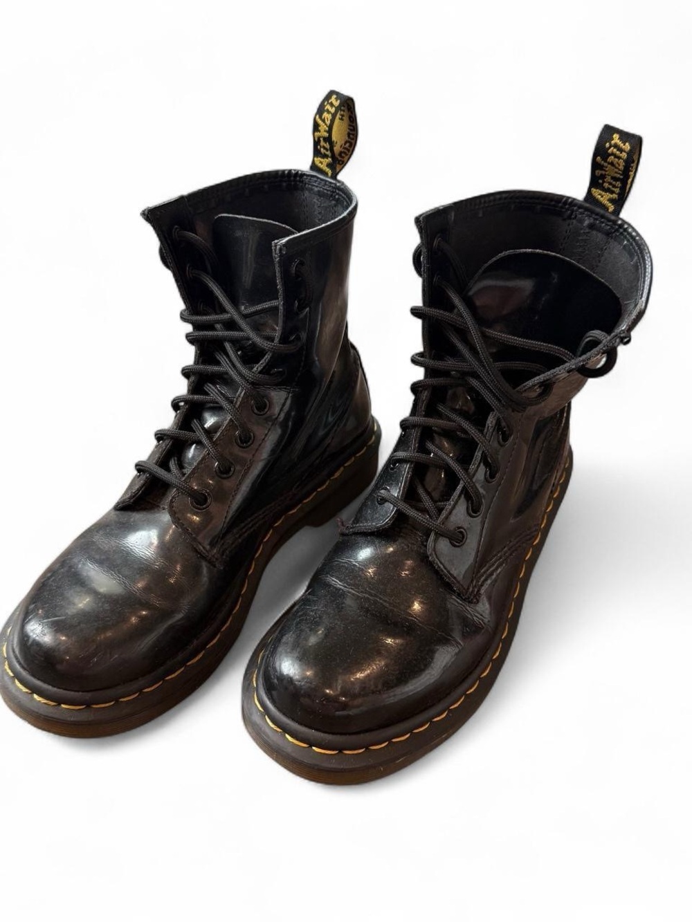 Dr. Martens Black Leather Lace-Up Combat Boots with Yellow Welt Stitching